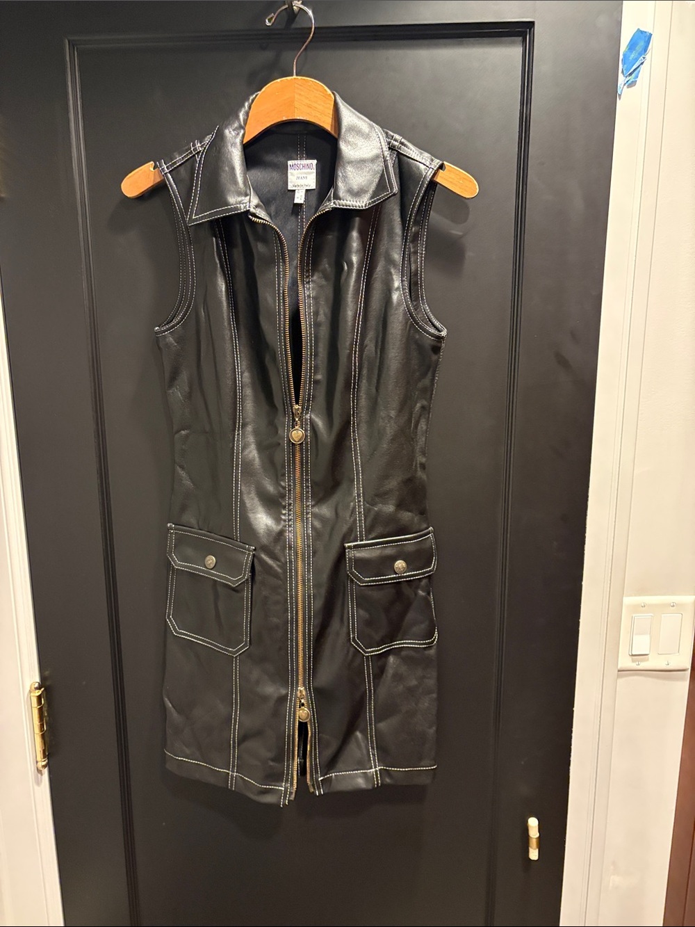 Vintage Moschino Black Faux Leather Sleeveless Zip Dress  size 8